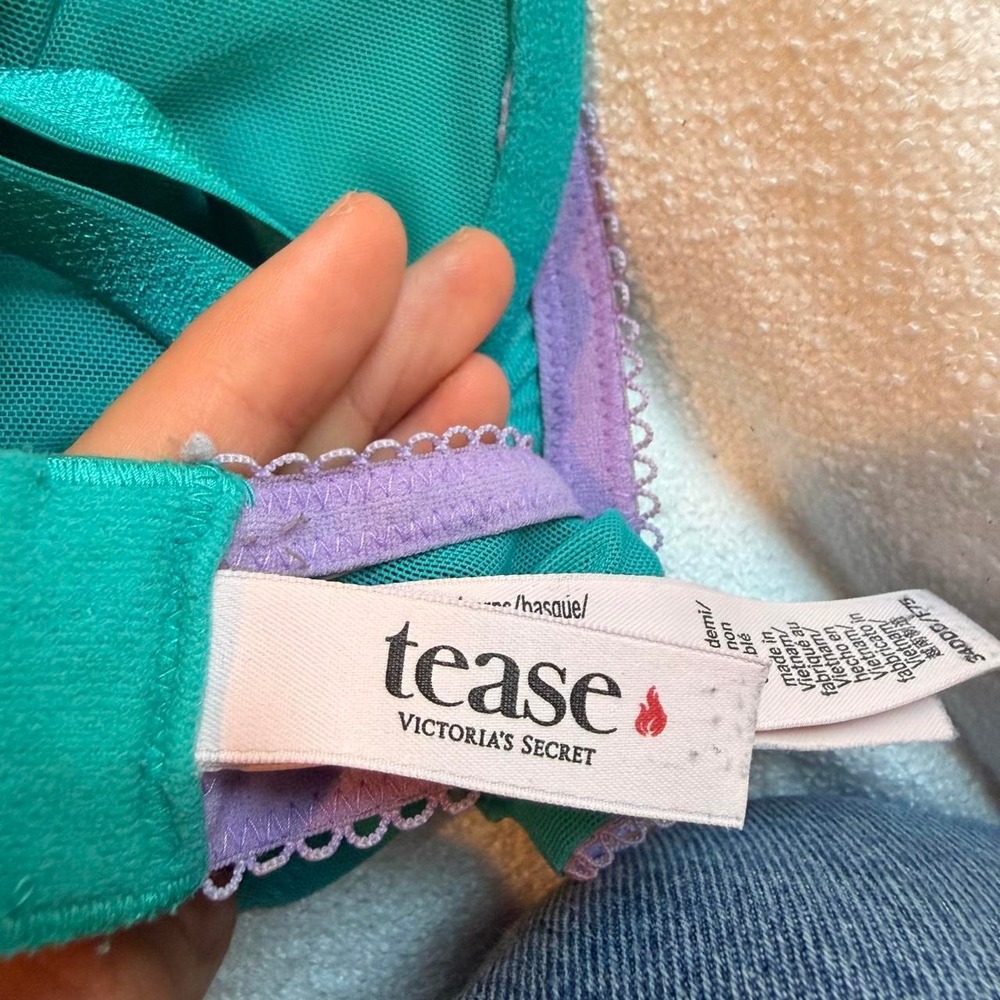 Victoria's Secret Tease Unlined Demi Bra 34DDD Teal Lavender Lace Mesh - Picture 6 of 7